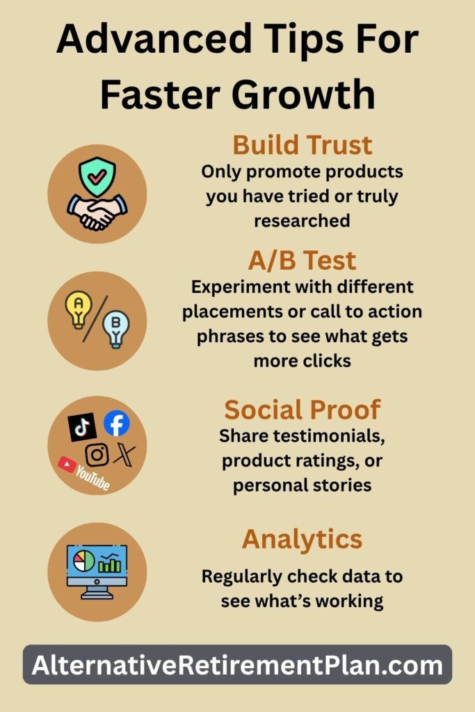 Infographic titled “Advanced Tips for Faster Growth” from AlternativeRetirementPlan.com, highlighting affiliate marketing strategies like building trust, A/B testing links, using social proof, and analyzing performance data.
