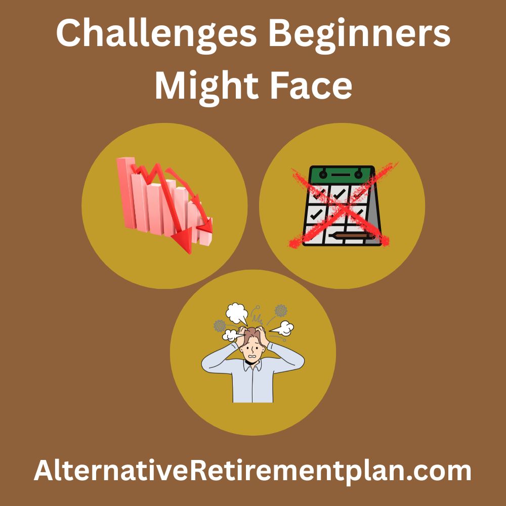 Infographic titled “Challenges Beginners Might Face” from AlternativeRetirementPlan.com, visually representing common affiliate marketing hurdles like low traffic, lack of consistency, and feeling overwhelmed.